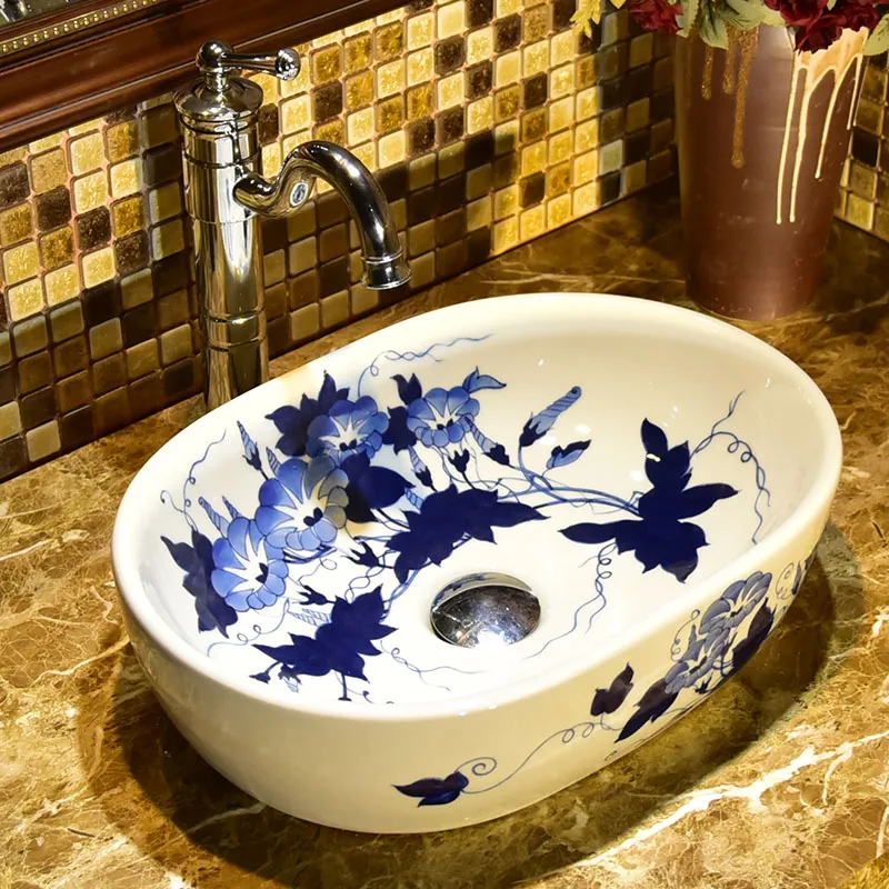 Oval Jingdezhen factory directly ceramic wash basin bathroom sinks hand painted hand washing sink