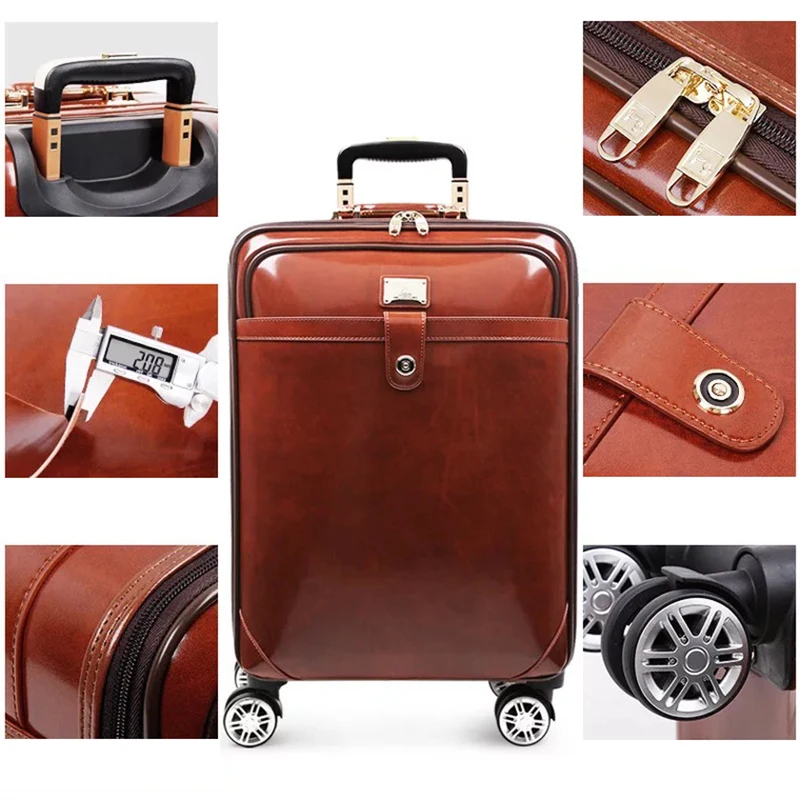 Brand 100% Real Cowhide Travel Suitcase Business Real Leather Retro Rolling Luggage High Quality Luxury 16/20 Inch Valise