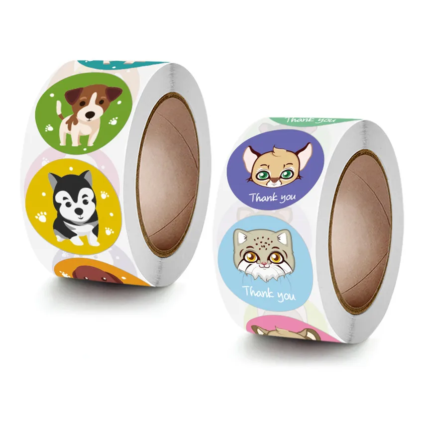 Cute Animals Cat Dog Sticker roll Thank you Sticker Sealing labels for Teacher Reward Student, Stationery Stickers, Kids toys