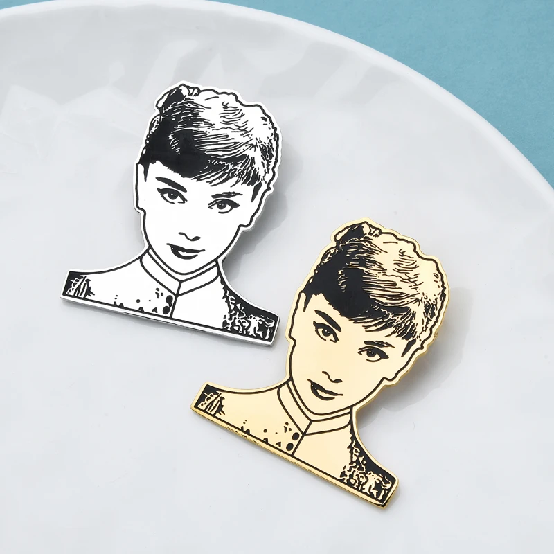 Wuli&baby Hepburn Figure Brooches For Women Stainless Steel Elegant Famous Actor Lady Party Office Brooch Pins Gifts