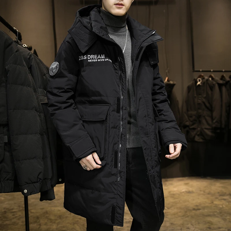 2024 men's new down jacket tide long loose thickening warm hooded youth men's skiing snow winter antifouling coat brand fashion