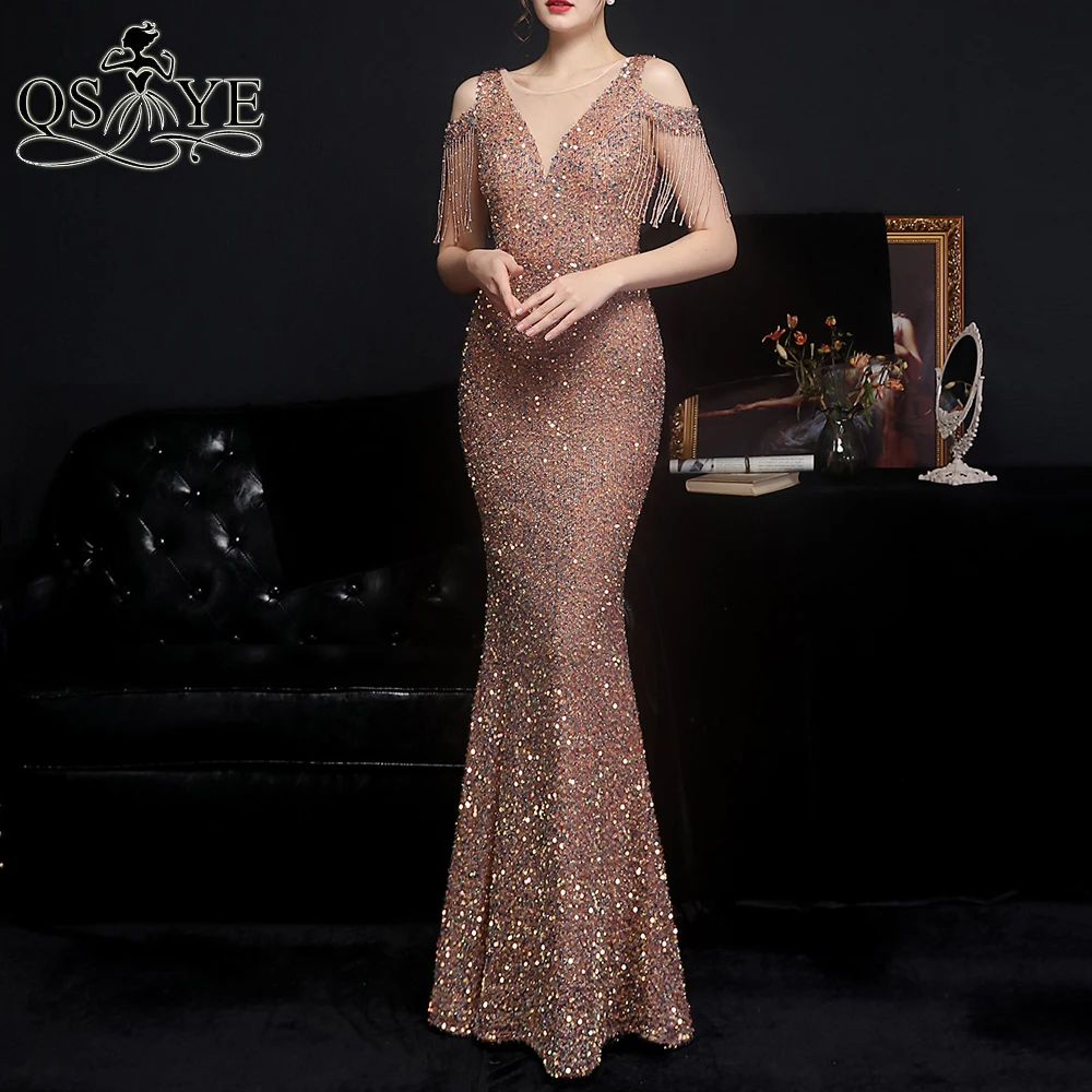 Sparkle Bruin Avondjurken Sequin Fit Lange Avondjurk Glitter Side Mouwen Party Jurk Mermaid V-hals Shiny Goldformal Gown