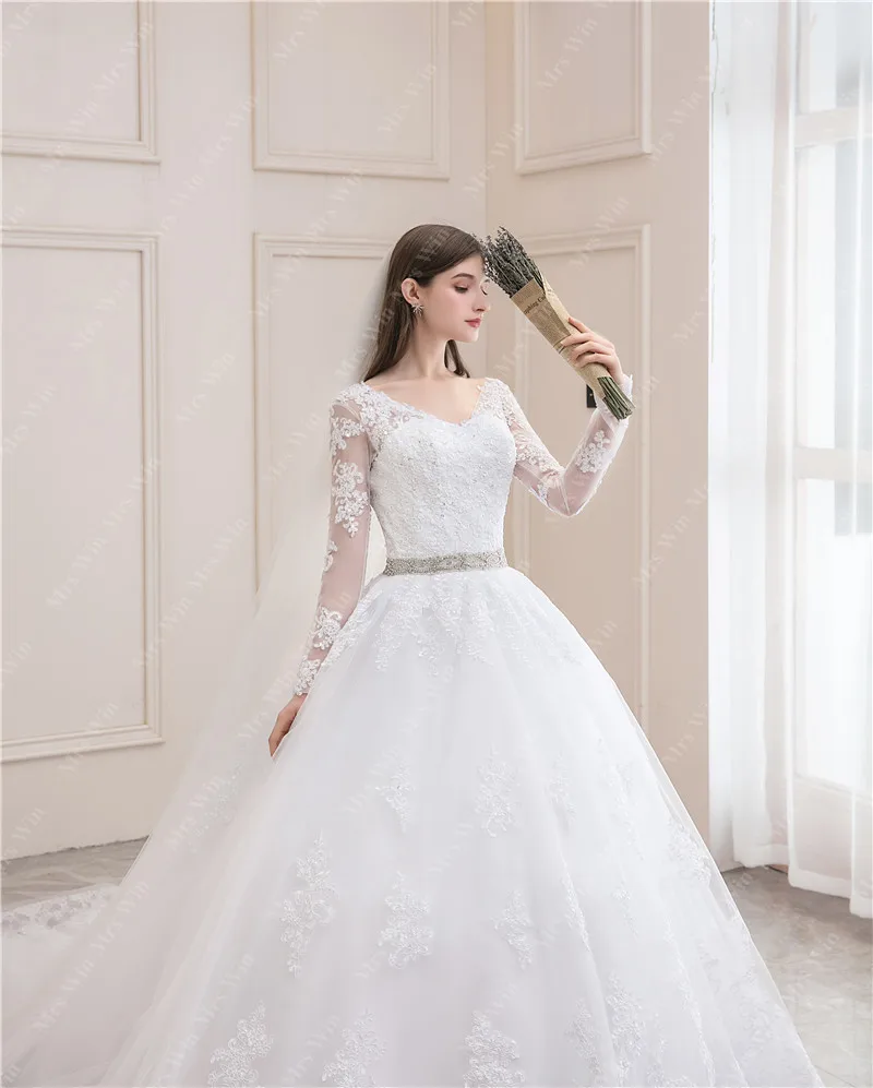 Áo CướI 2022 Full Tay Chữ V Gợi Cảm Càn Quét Tàu Bầu Công Chúa Phối Ren Sang Trọng Đầm Vestido De Noiva Áo Cưới Plus kích Thước