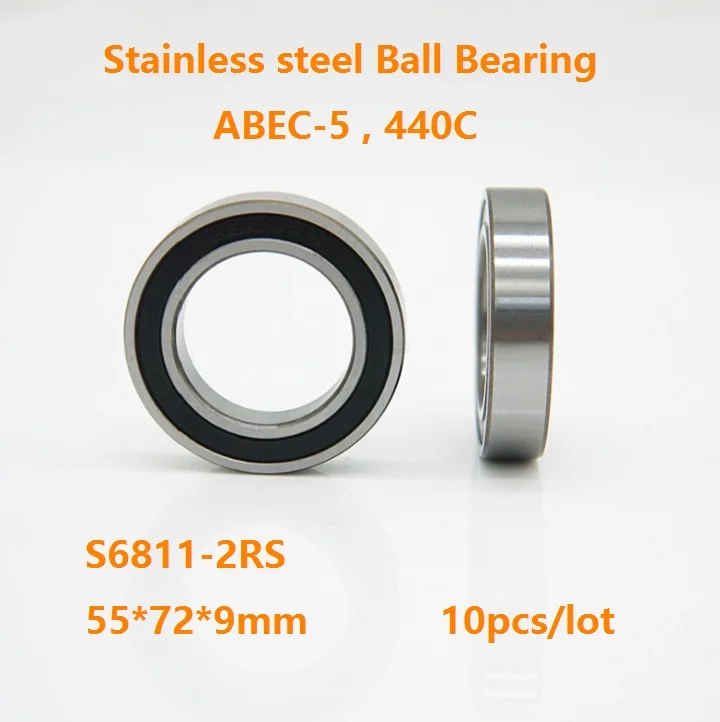 10pcs/lot S6811-2RS  S6811RS  S6811 Stainless steel Thin Deep Groove Ball bearing 55*72*9mm Double Rubber cover 55×72×9mm