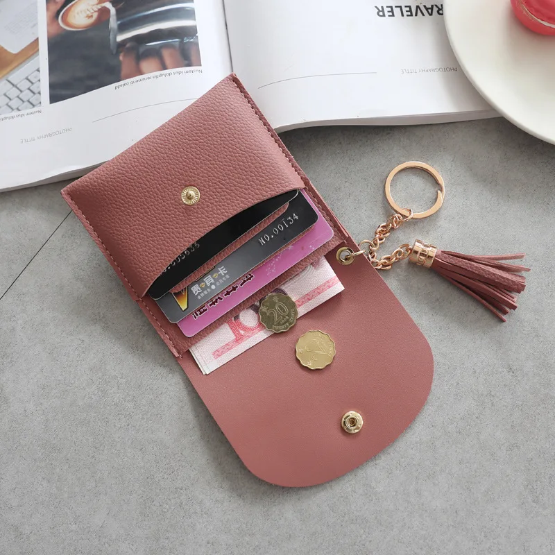 

New Women's PU Leather Slim Wallet Student Portable Card Key Holder Small Coin Purses Korean Fashion Tassel Mini Money Clip