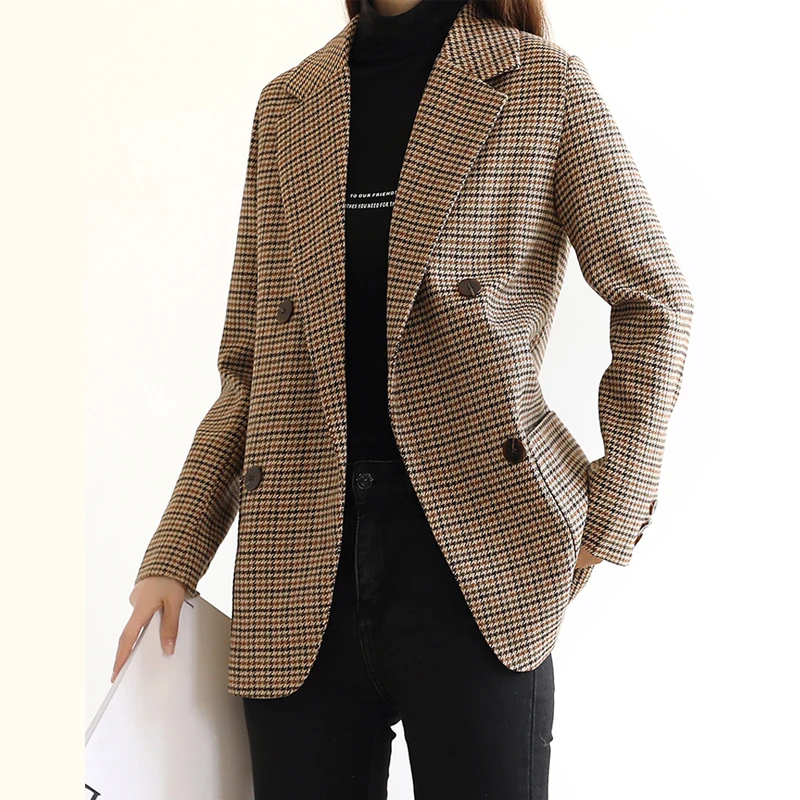 BGTEEVER Vintage Houndstooth Winter Thick Women Jacket Blazer Sashes Plaid Female Suit Jacket with belt Long Sleeve blaser 2021