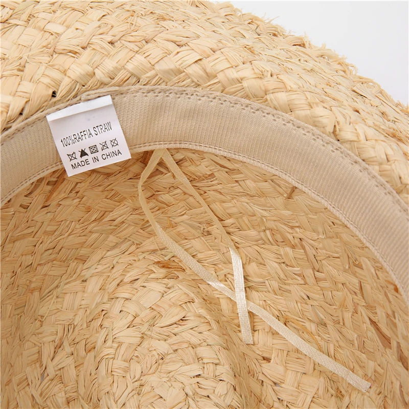 2021 New Raffia hat Panama Straw Hat Summer Black ribbon Women Men Wide Brim Beach Sun Cap UV Protection Jazz Fedora Hat