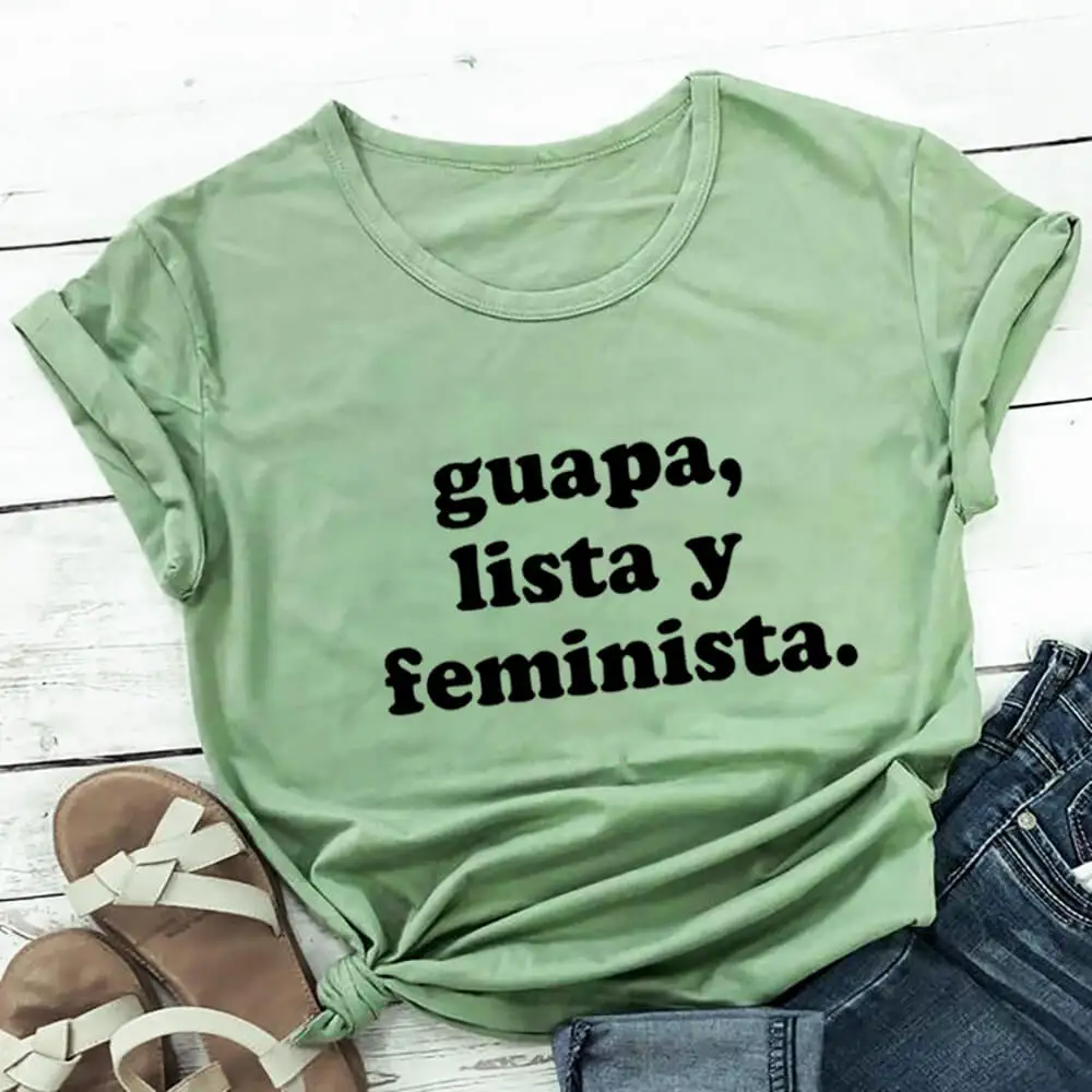 

Guapa Lista Y Feminista 100%Cotton Print Women Tshirt Spanish Shirt Funny Summer Casual O-Neck Short Sleeve Top Latina Gift