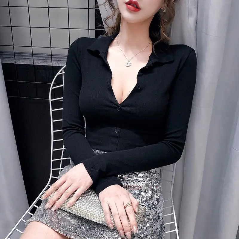 2022 Spring Autum Leisure Sexy Harajuku Women Slim Basic Solid Work Cropped Long Sleeve Button V-Neck Casual Base Female Shirts