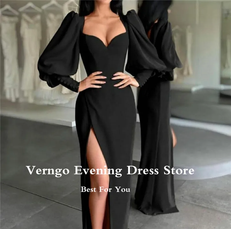 Verngo Nieuwe Vintage Champagne Puff Lange Mouwen Avondjurken Slit Sweetheart Stretch Satijn 2023 Moderne Formele Party Gown