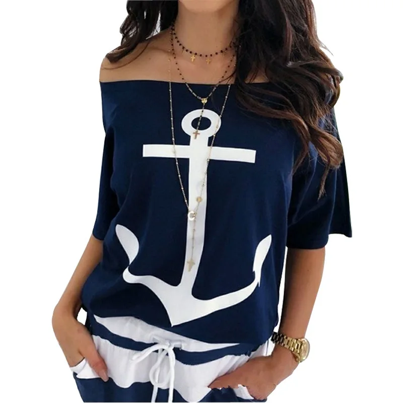 Camiseta con estampado de ancla de barco para mujer, top Sexy de media manga con hombros descubiertos, holgado, informal, blanco, rojo, talla