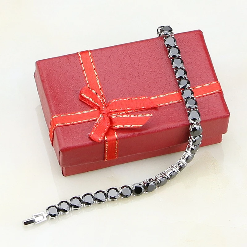 Black Cubic Zirconia Silver Color  Round Link Chain Bracelet 7 inch For Women Free Shipping & Jewelry Bag S086