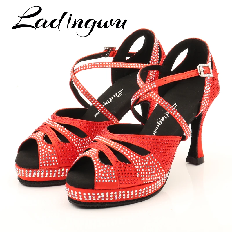 Dance Shoes Latin Women's shoes High Platform Glitter Rhinestone And Women Satin Ballroom Dance Sandals Red Satin 6-10cm Heel