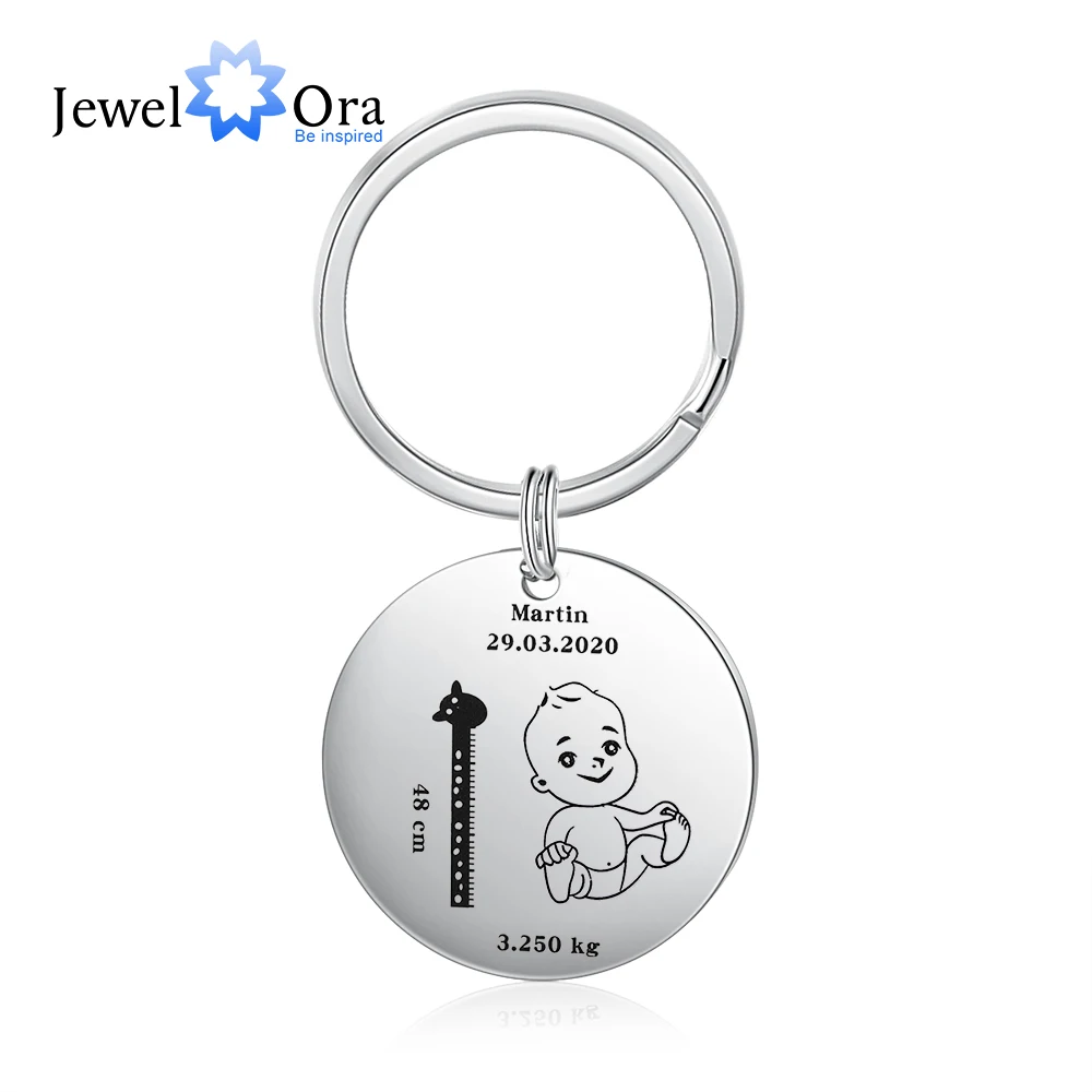 JewelOra Personalized Keychain Fashion Stainless Steel Jewelry Customized Baby Photo Mother Gift Engrave Height&Weight for Women