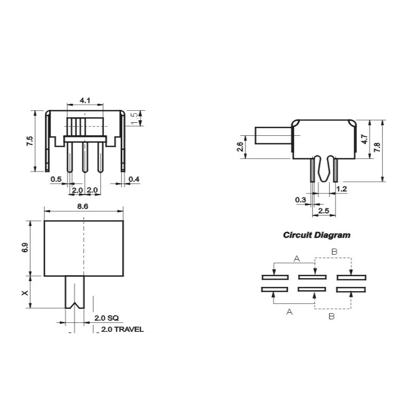 10 pces SK-22D07 lado interruptor de alternância interruptores de corrediça on-off mini