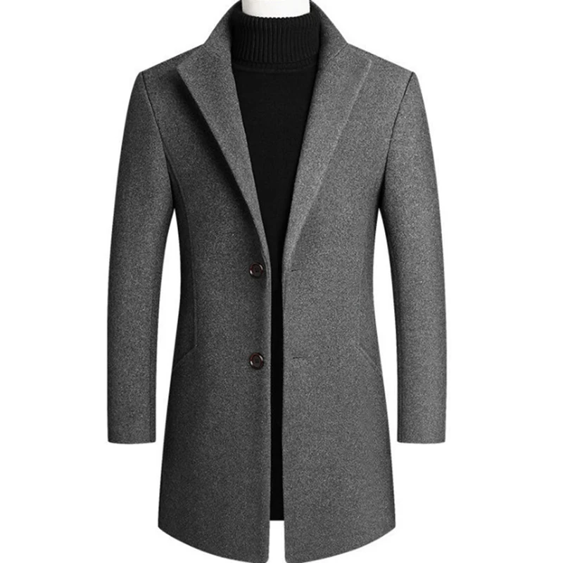 Men Woolen Trench Coat Autumn Winter Mid Long Wool & Blends Jacket Casual Men's Woolen Coat Grey/Black/Wine Red