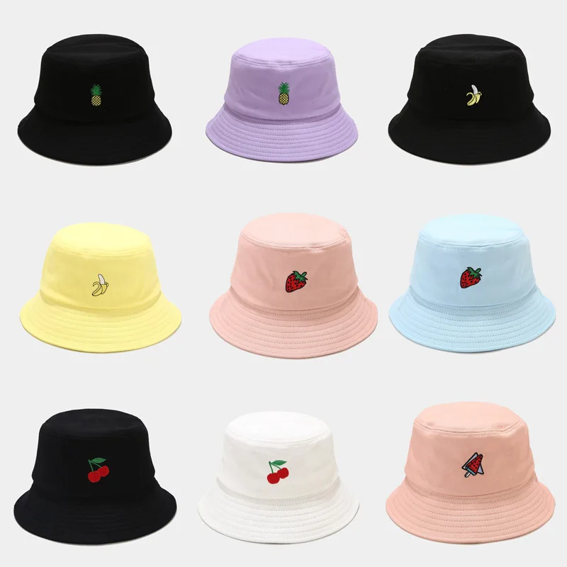 Bucket Cap Summer Cherry Strawberry Rose Bucket Hat Embroidery Yellow Hat Fisherman Hat Hip Hop Fishing Harajuku Sun Prevent Hat