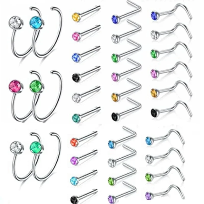 12/24/36Pcs L Shape Nose Ring Curve Pack Crystal Straight Nose Ring Set Nose Stud Lot Piercing Nariz Cuff Nase Pircing Nose Clip