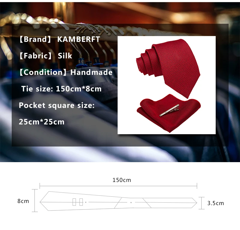 KAMBERFT Neue Herren-Wollkrawatte aus festem Mikrofaser, 8 cm, burgunderrote Krawatten und Einstecktuch-Set, Geschenk für Hochzeiten und Partys für Herren. – Detail 2