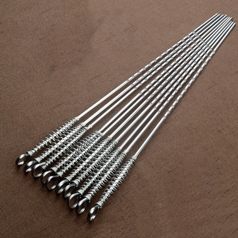 50cm Stainless Steel BBQ Skewer Barbecue Tool Spring Handle Kebab Flat BBQ Needle Stainless Outdoor Picnic Accessories 6-12pcs