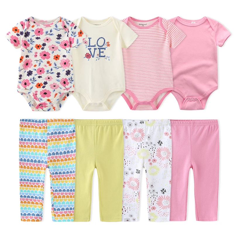 

Free shipping 4pcs Baby bodysuits+4pcs Pants Cotton Stuff of newborn baby clothes Outfit sets Jumpsuit