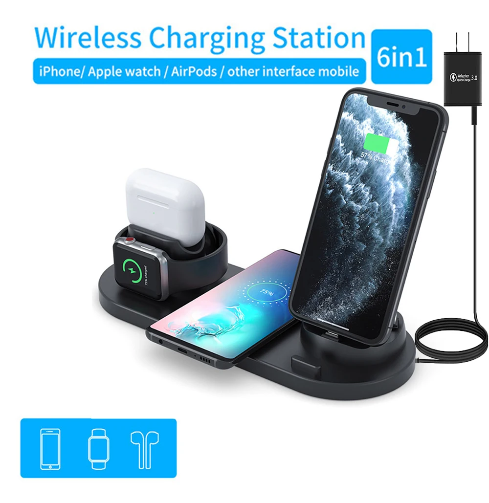 Wireless Charger Stand 6 in 1 For iPhone 8 plus 11 12 pro max Wireless Charging Pad For Apple Watch 6 AirPods Pro Samsung Xiaomi