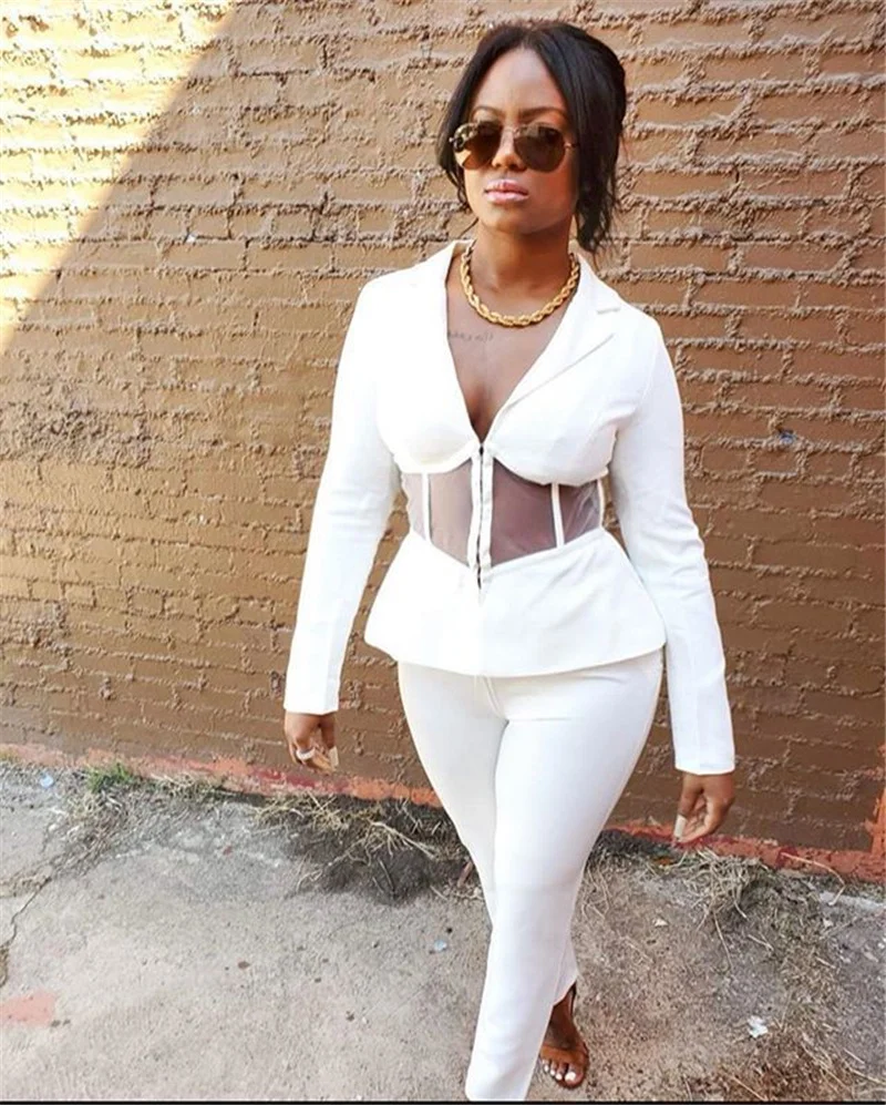 Office Lady White Two Piece Set Women Elegant Mesh Sheer Corset Blazer Coat Pencil Pants Business Suit Work Wear Matching Sets