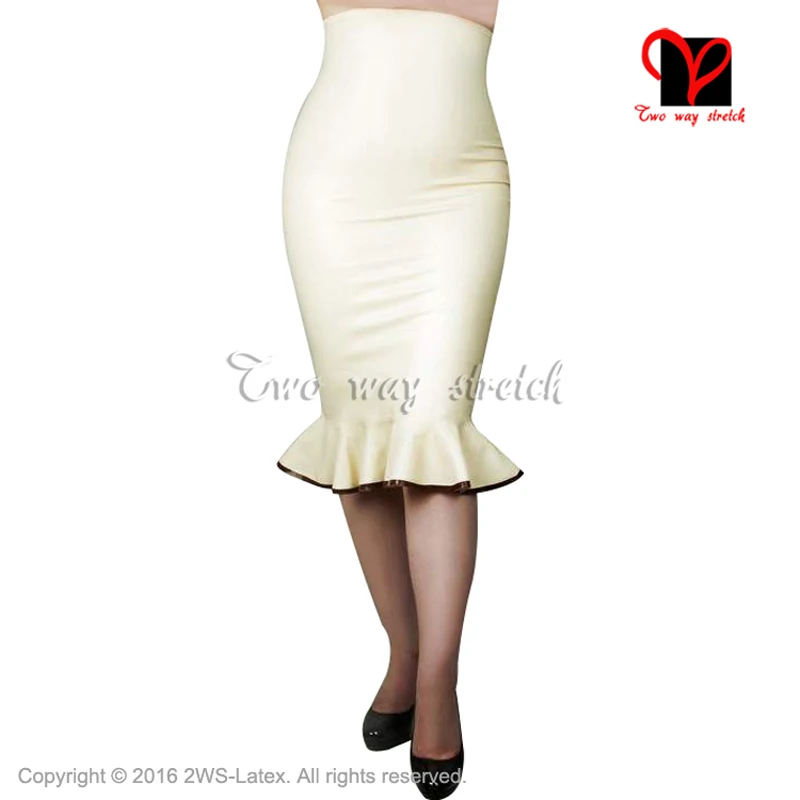 Sexy White And Brown Long Latex Skirt  Frills Rubber Bottoms With Zipper At Back Playsuit Bodycon Xxl Plus Size Qz-137