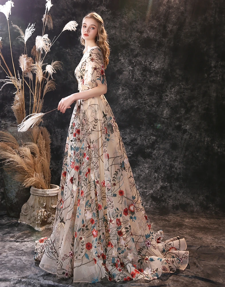 Floral Embroidery Evening Dresses 2024 Long Dress Colorful Tulle Short Sleeve Court Train Romantic Prom Gowns Party Women Wear