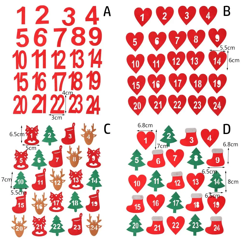 24Pcs/Bag Merry Christmas Advent Calendar 24 Number Felt Countdown Calendar Sticker Xmas Decor DIY Gift Packing Label