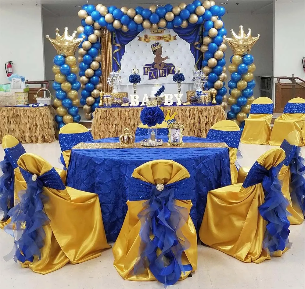 Royal Baby Shower Backdrop Ethnic Little Prince Gold Grown Photo Background Royal Blue and Sliver Backdrops Decorations