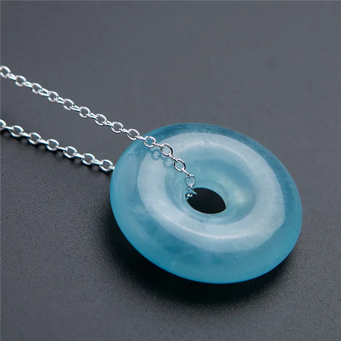 Natural Blue Aquamarine Pendant Women Round Rare 23x9mm Donut Clear Aquamarine Necklace Genuine AAAAA