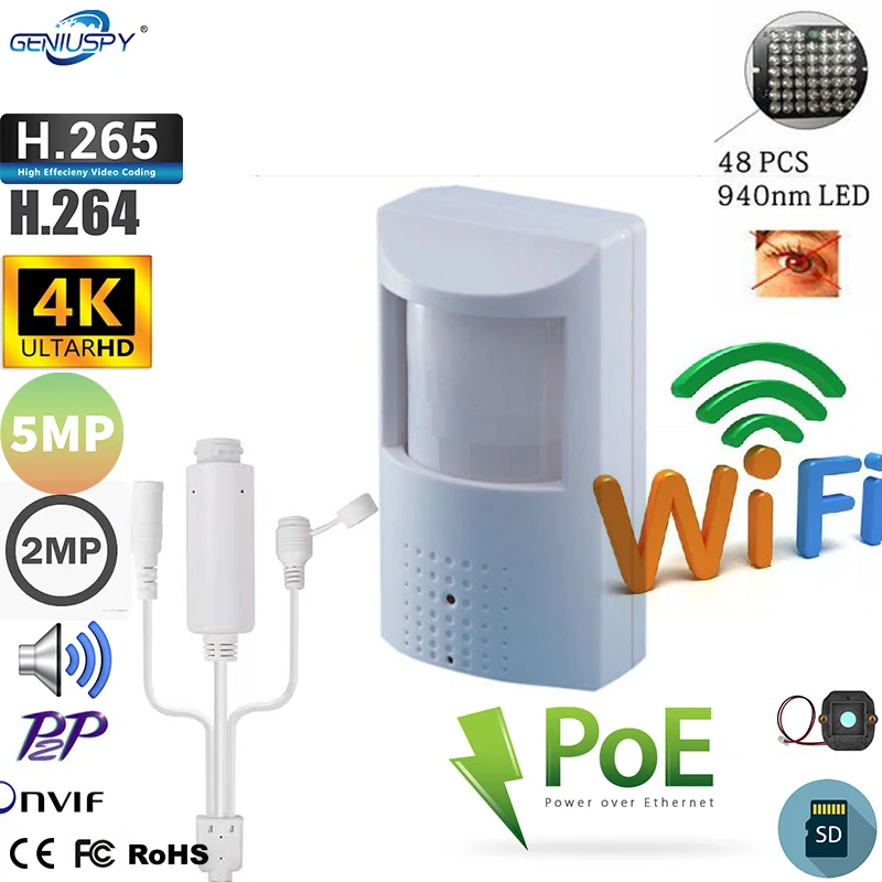 P0E WIFI SD Card Slot 5MP 1080P 8MP IMX415 PIR สไตล์ในร่มบน Vif มินิกล้อง IP ไร้สายที่มองไม่เห็น940nm IR Audio Camhi