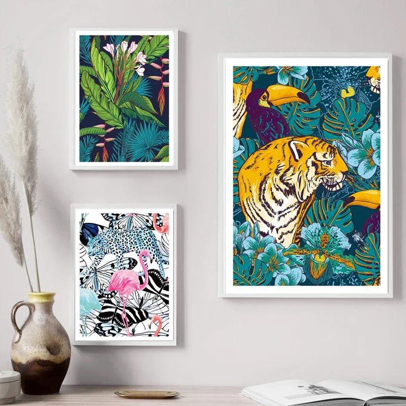 Forest tiger animal zebra bird wall art canvas painting nordic poster and print living room wall picture home decoration