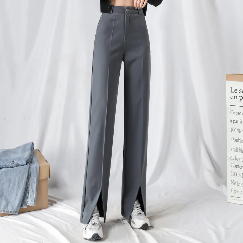 

Women's Pants Solid Color Straight-Leg Trousers High-Waisted Korean Casual Loose-Fork Wide-Leg Pants Trousers