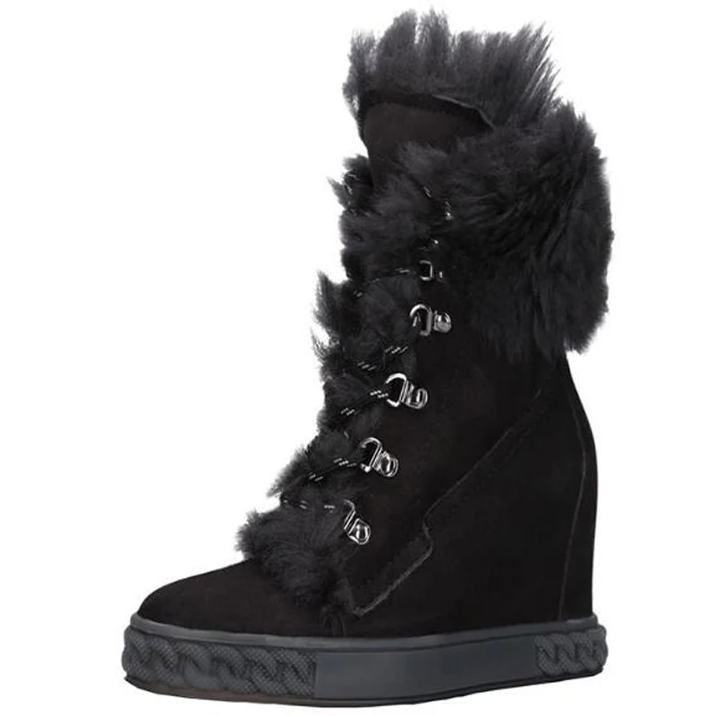 

Fur Black Girls Snow 8cm Height Increasing Winter Warming Round Toe Lace Up Furry Wedge Short Fashion Ankle Punk Boots Woman