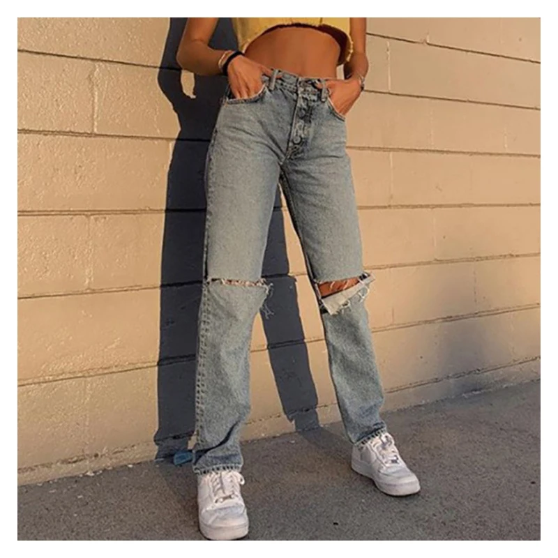 Women Spring New Fall High Waist Jeans Light Blue Fit Denim Pants Lady Autumn Casual Washed Female Full Length Trousers Clothing