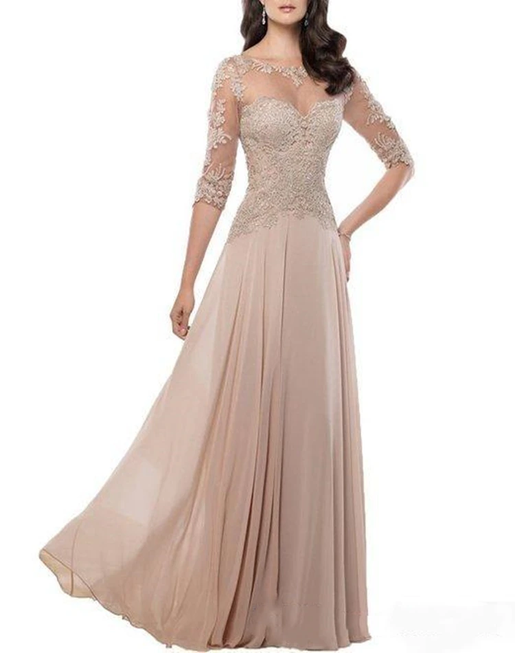 Cheap Elegant Chiffon Mother Of Bride Dresses Sheer Jewel Neck Lace Appliques Long Formal Evening Occasion Dresses Custom Made