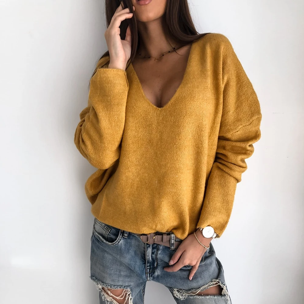 Kobiety elegancki dekolt w serek sweter z dzianiny Vintage z długim rękawem luźny sweter z dzianiny Casual solidne dzikie swetry 2020 bluzki z dzianiny