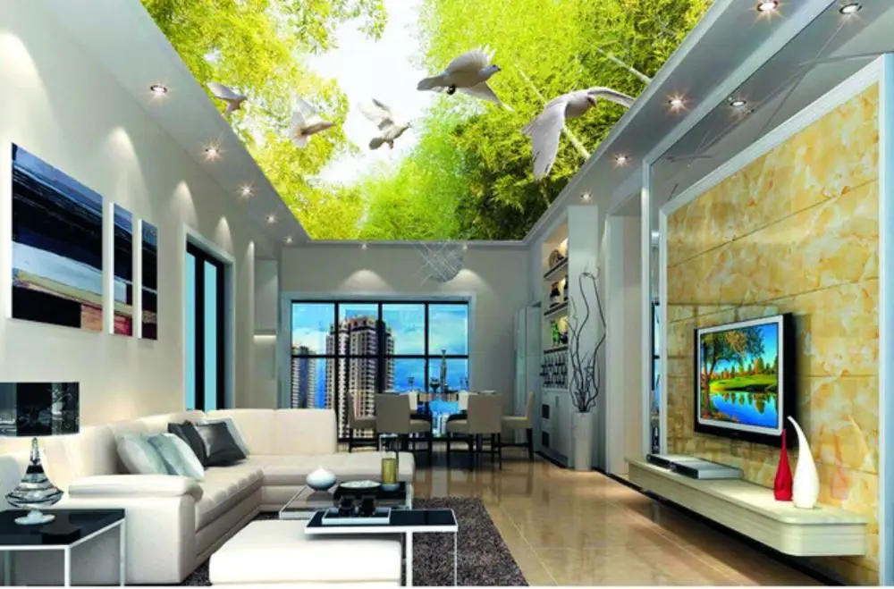 

Custom 3D Ceiling Mural Wallpaper European Style 3D beautiful bamboo pigeon flying ceiling mural