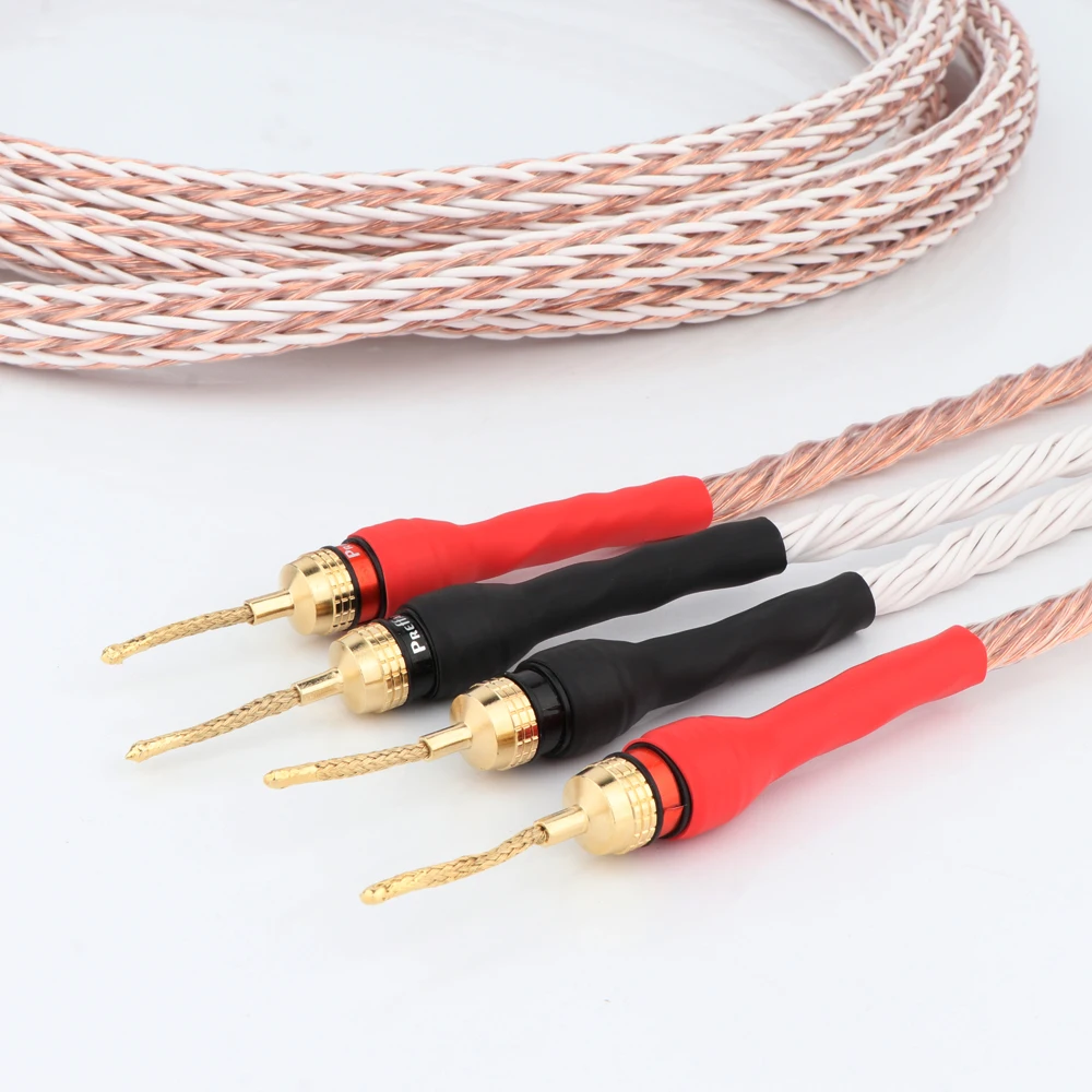 Pair Hi-End 12TC 5N OCC Copper Speaker Cable Gold Plated Banana Pin Plug to Rhodium Plated Angled Banana Plug Loudspeaker Cable