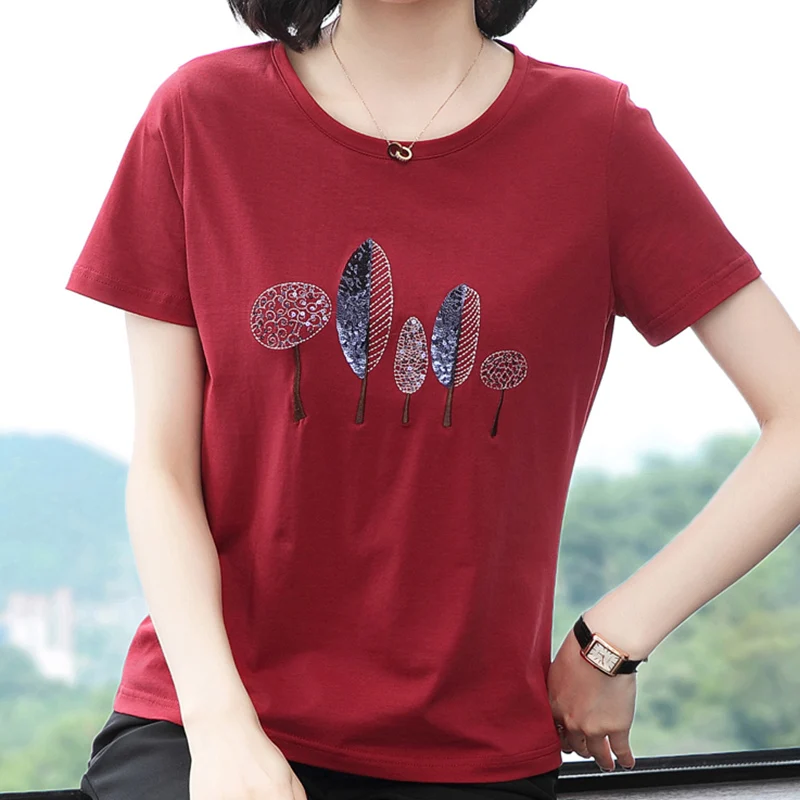 Sequined T-Shirt Female 2025 Summer Top Embroidery Cotton T Shirt Women Casual Woman Clothes Tshirt Short Sleeve Tee Shirt Femme