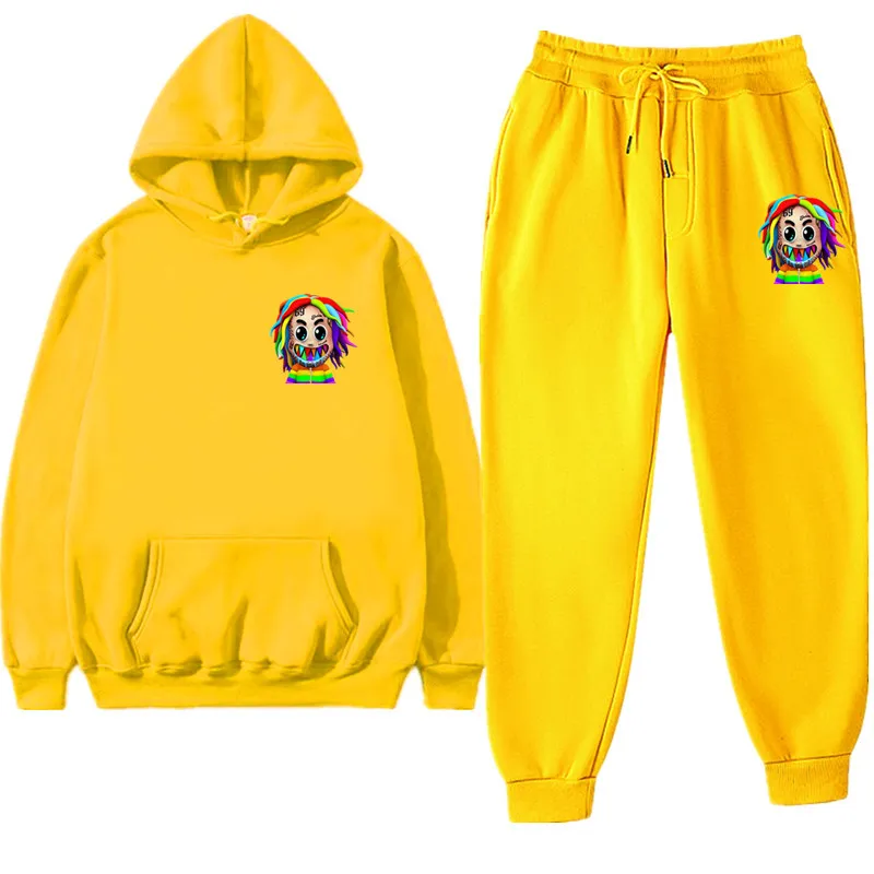 

6ix9ine Hoodies Gooba Rainbow Streetwear Hiphop Rapper Long Sleeve Warm Soft Pullovers MenSweatshirts Sports Pant 2 Piece Set