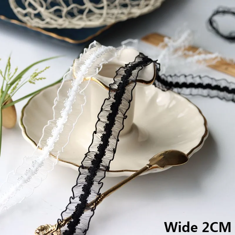 2CM Wide Exquisite White Black Stretch Velvet Embroidered Frilled Lace Elastic Ruffle Trim Clothes DIY Handmade Sewing Supplies