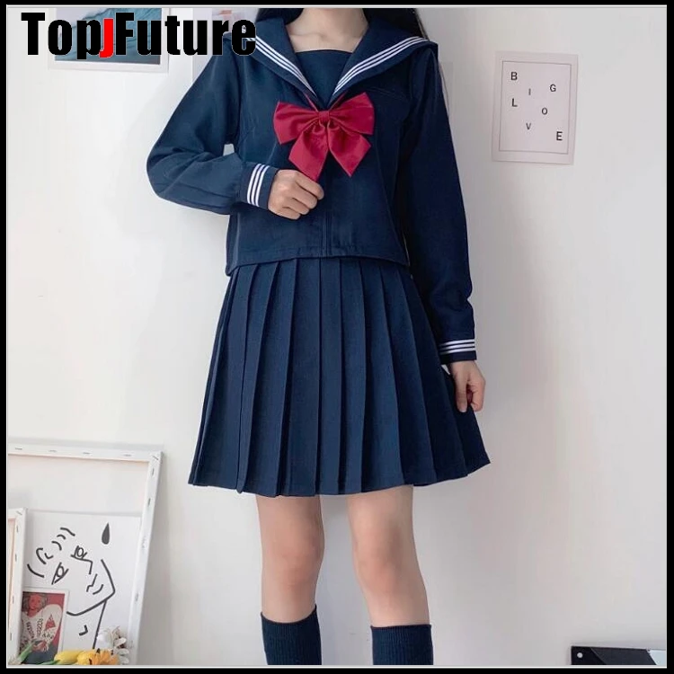 BLACK NAVY Sailor suit Novelty School Girl Uniforms TOP BAD Student COSPLAY Suits Short Long Sleeve Tops Pleated LONG Skirt