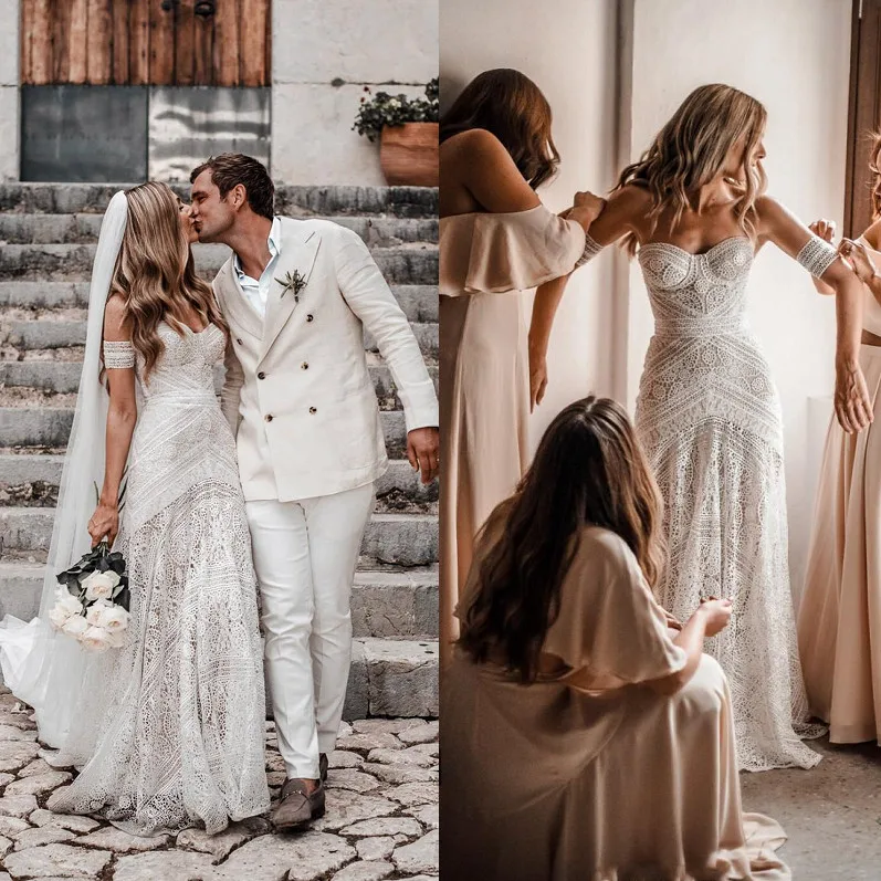 2019 Boho Vestidos de Casamento Do Laço Strapless Branco Cut-Outs Vestido De Noiva UMA Linha Simples Praia Vestidos de Casamento Vestido De noiva