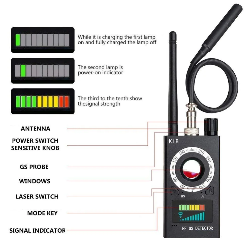 

1MHz-6.5GHz Multi-function Anti-spy Detector Camera GSM Audio Bug Finder GPS Signal Lens RF Tracker Detect Wireless Products K18