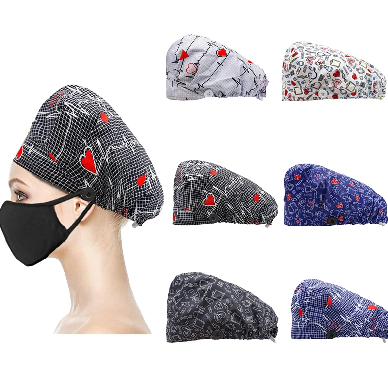 1pc bottoni regolabili per cappello da infermiera cappellino sanitario Bouffant con fascia per il sudore stampa a cuore infermieristica salone di bellezza Scrub Cap donna