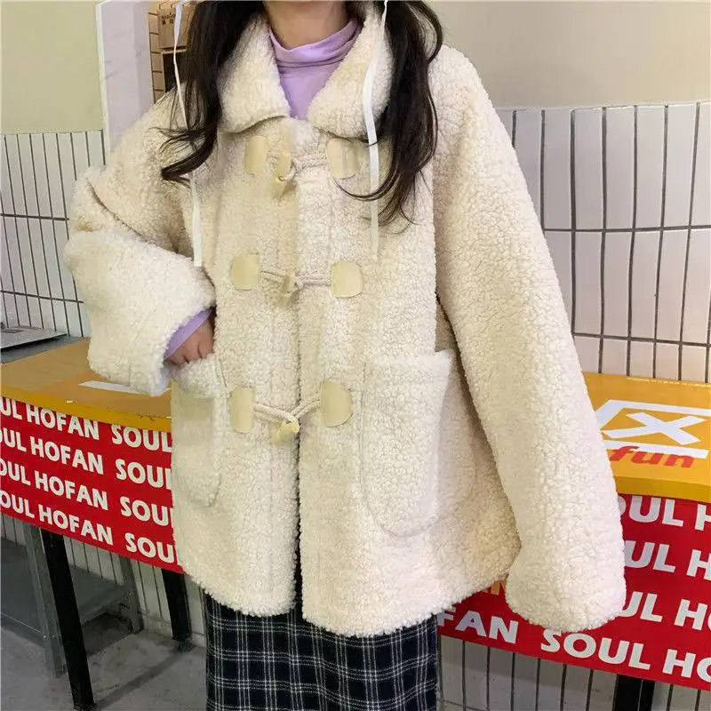 Fashion Lamb Wool Fall Winter Coat Women Faux Fur Jacket Fleece Shaggy Warm Overcoat Horn Buckle Outwear Faux Lambswool Fur Coat