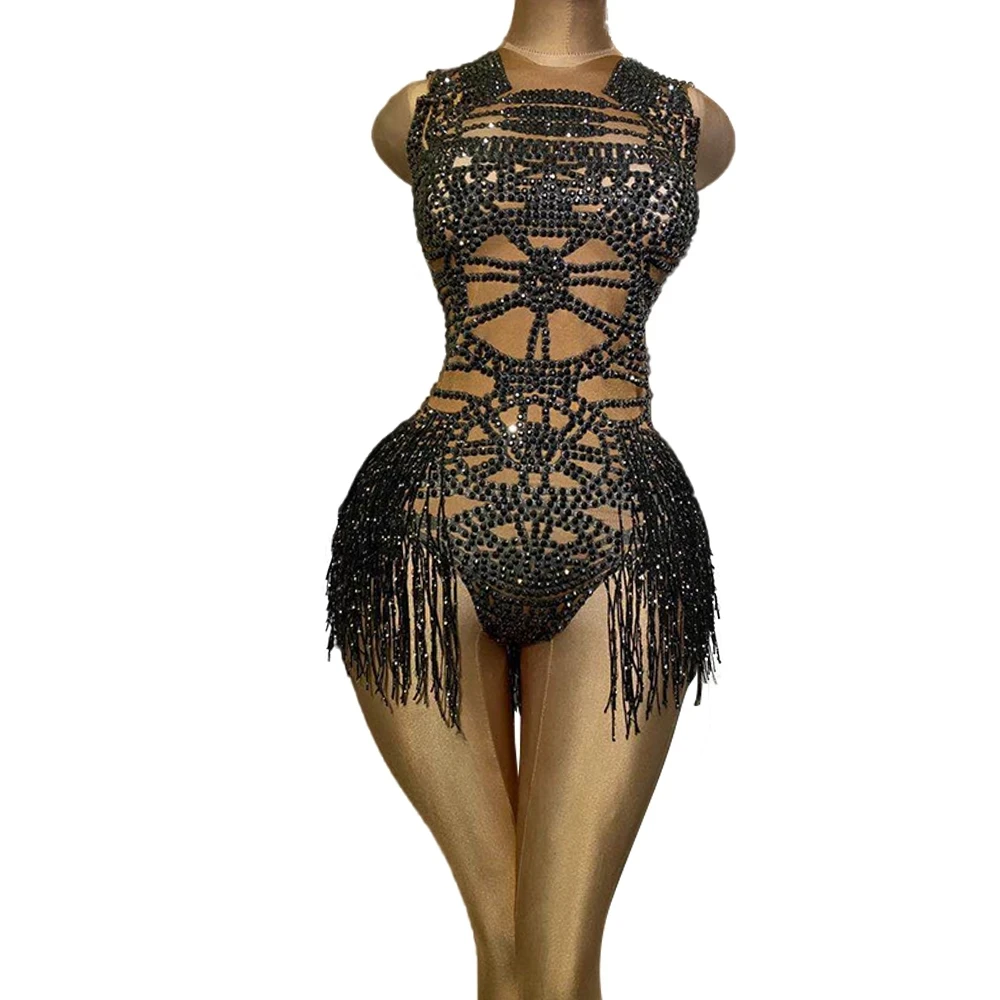 

Sleeveless Elastic Rhinestone Leotard Nightclub DS Dance Outfits Crystal Tassel Nude Dancer Bodysuit party dance costume